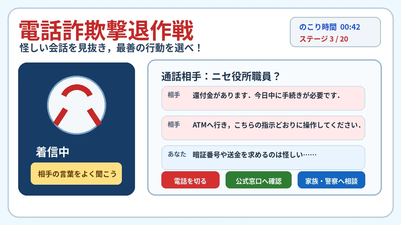 電話詐欺撃退作戦のゲーム画面イメージ